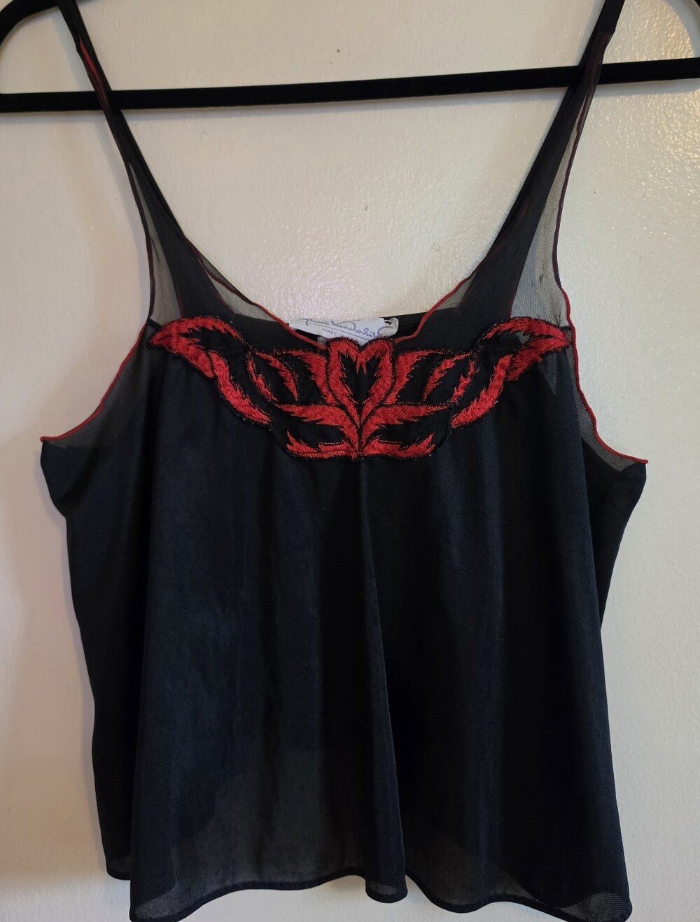 Vintage 80s Gloria Vanderbilt Black Red Embroidered Mesh Cami Tank Top - Medium